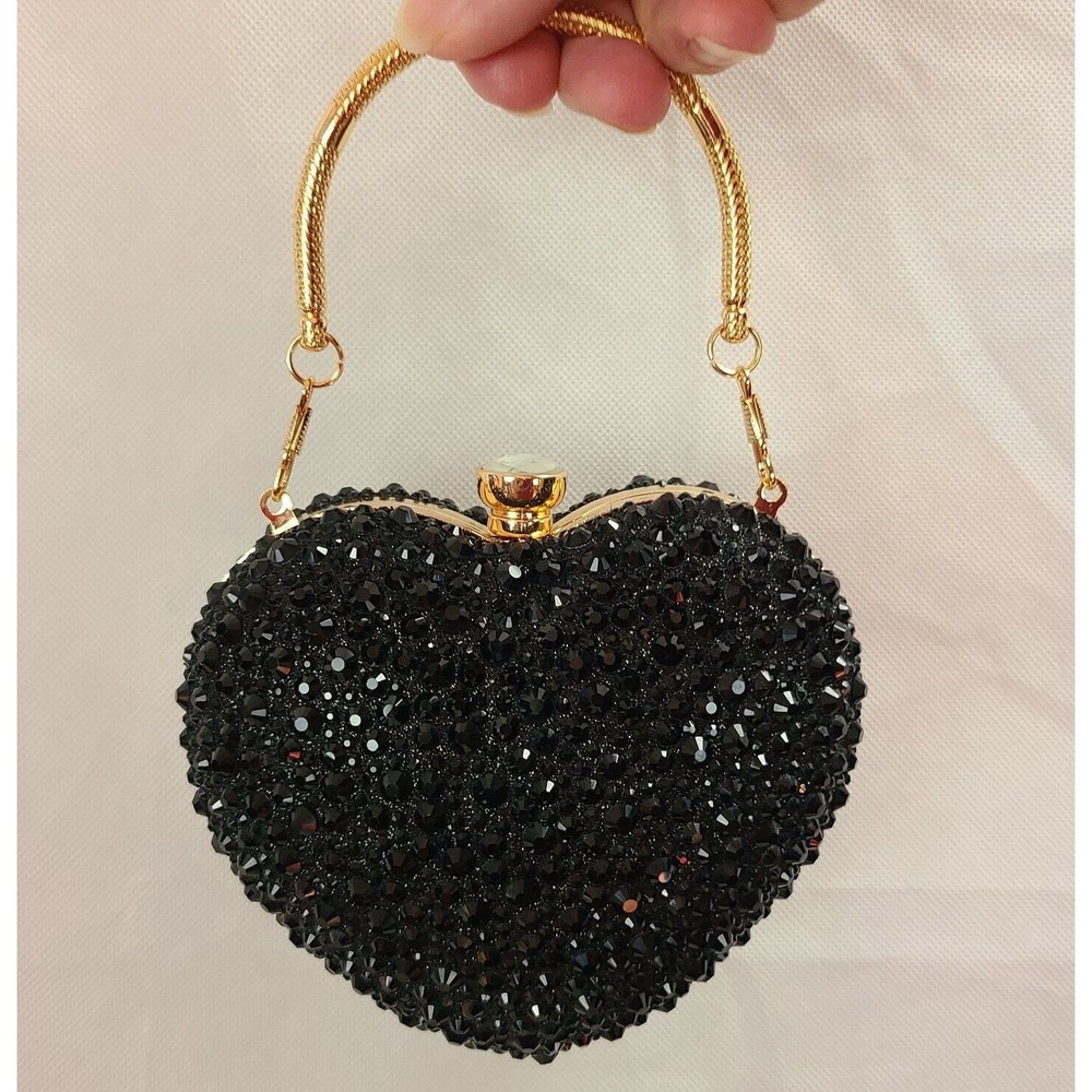 RAMLA Black Heart Shape Crystal Clutch Purse Handle/Chain Prom Gala Wedding$189